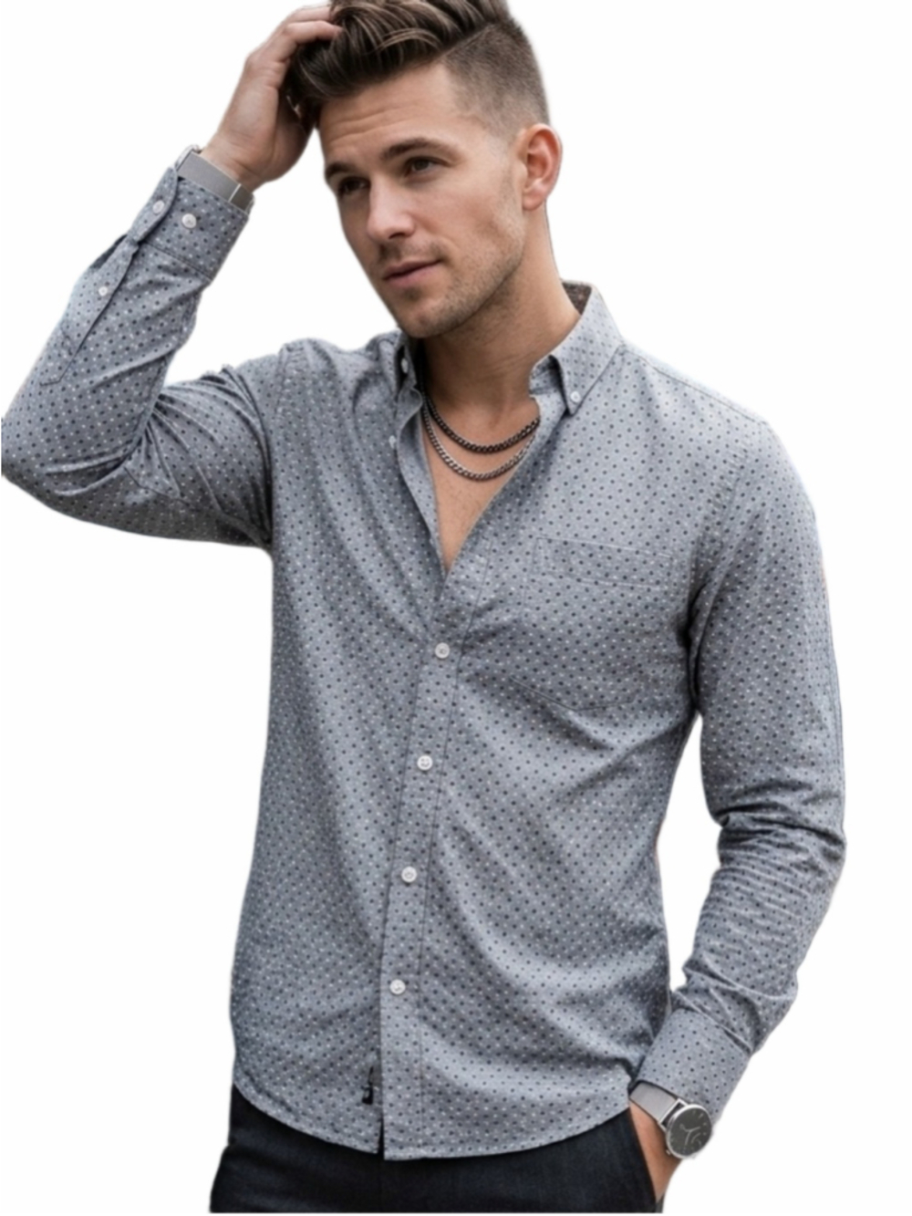Club Monaco Grey Dotted Print Button Down Mens Lg Shirt Long Sleeve Casual 1442